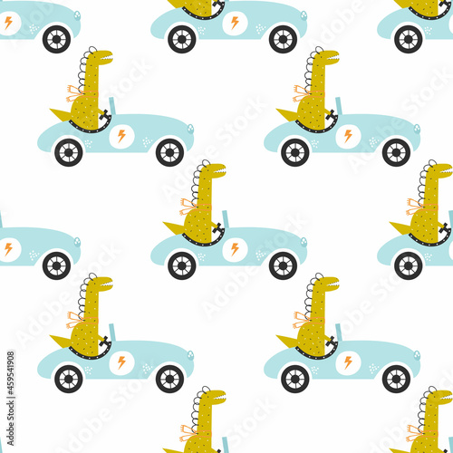 Vector hand-drawn seamless childish pattern with cute funny dinosaur rides in a racing car on a white background. Kids texture for fabric, wrapping, textile, wallpaper, apparel. Scandinavian design.