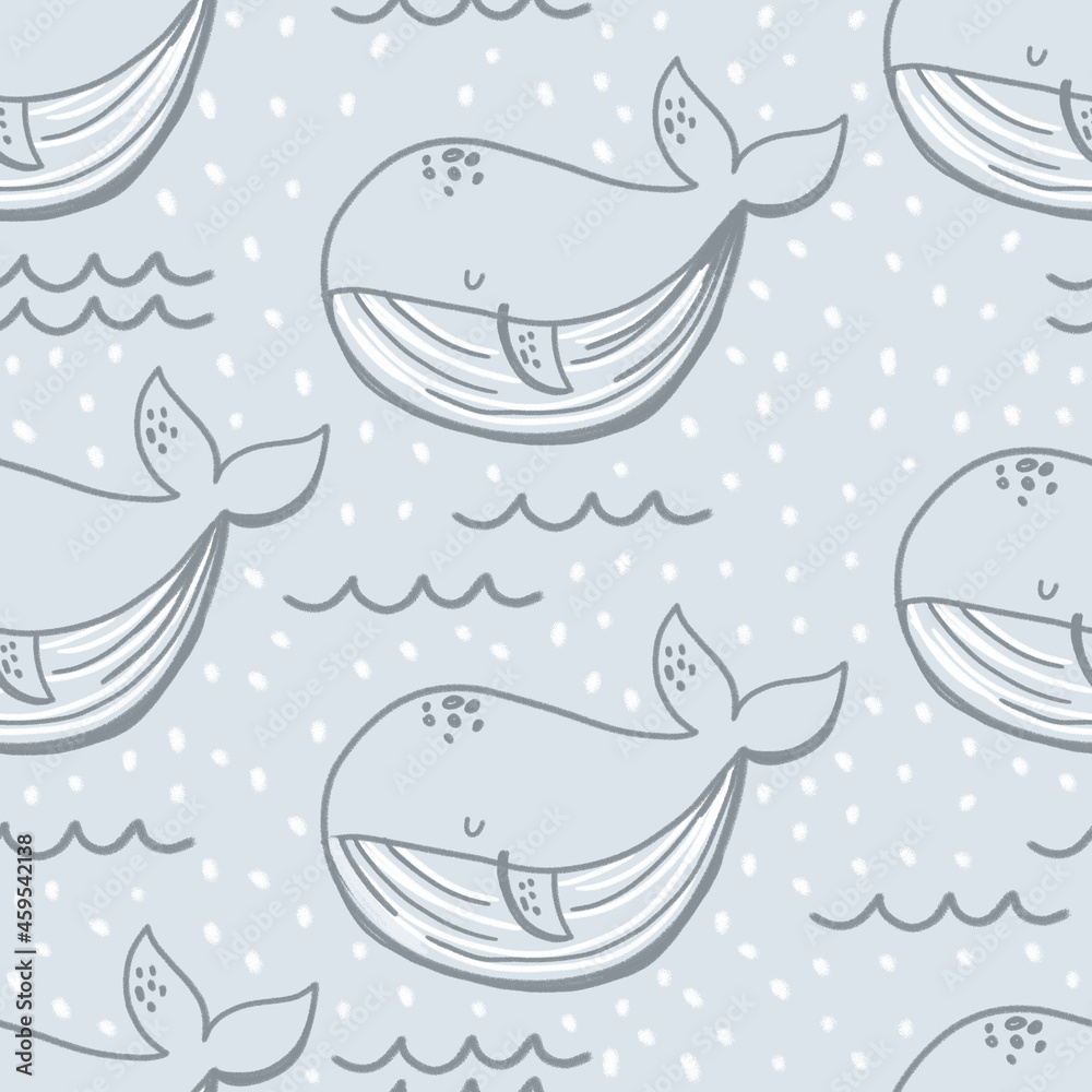 Cute childish seamless hand-drawn pattern with whales, waves, dots on a blue background. Kids repeating texture is ideal for fabrics, cards, textiles, wallpaper, clothing. Marine background.
