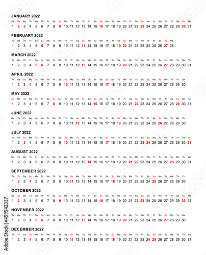 Simple horizontal calendar template year 2022