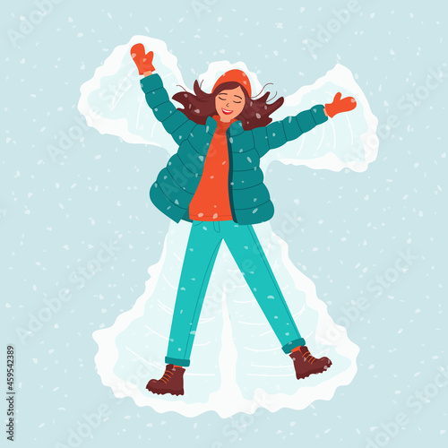 Young laughing woman makes a snow angel top view. Hello winter fun. Happy New Year, Merry Christmas. Vector illustration in cartoon style