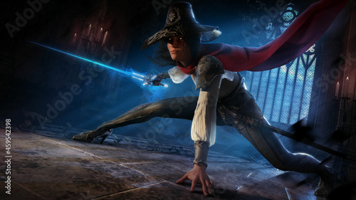 A beautiful witch hunter woman in a pointed hat, froze in an epic pose with an ice rapier against the background of the cathedral in the moonlight, she is wearing a tight suit and a cool 3d rendering 
