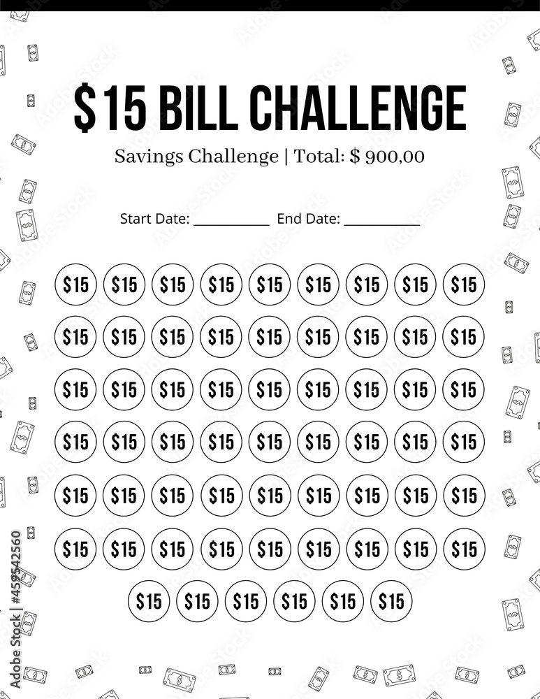 15 Dollar Bill Save Money Challenge, savings tracker, money challenge, save money, template