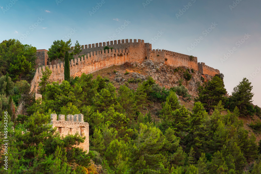 Scenery of the Alanya castle walls at sunset, Turkey.