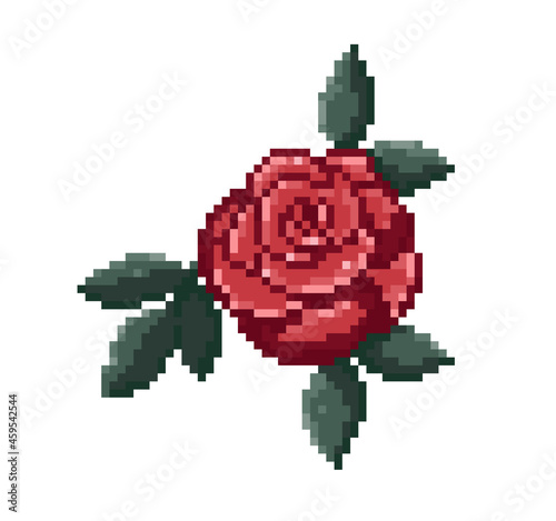 Pixel art vintage rose. 8 bit style retro rose flower vector illustration. 
