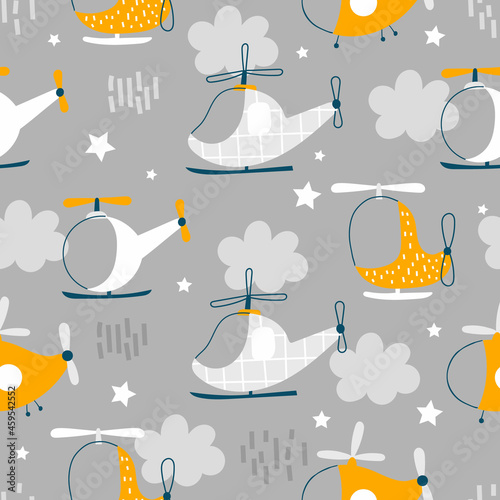 Vector hand-drawn seamless childish pattern with cute flying helicopters, stars and clouds on a gray background. Kids texture for fabric, wrapping, textile, wallpaper, apparel. Scandinavian design.