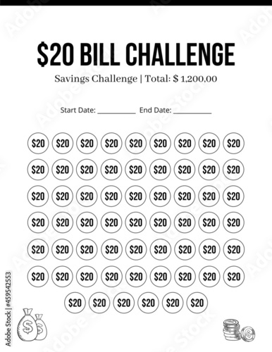 20 Dollar Bill Save Money Challenge, savings tracker, money challenge, save money, 20 dollar