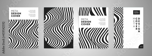 Wavy lines geometric business cover templates. Vector A4 vertical orientation. Layout for book cover, poster, placard, brochure, annual report, business presentation, flyer. Black white waves covers.
