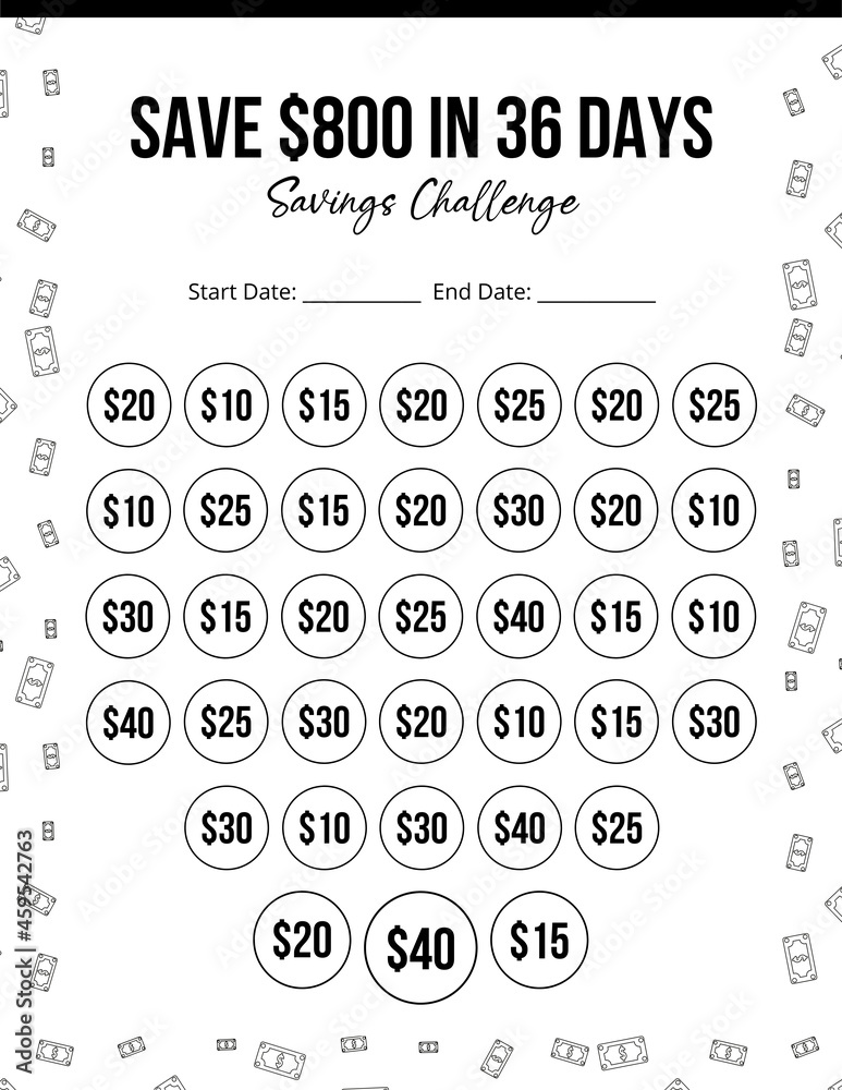 Save $800  dollar in 36 days, savings challenge, savings tracker, money challenge, save money, 800 dollar