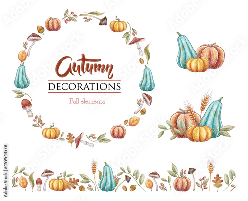 Autumn decoration illustration. Fall wreath, border. Pumpkin art, mushrooms watercolor. Autumn hand drawn elements