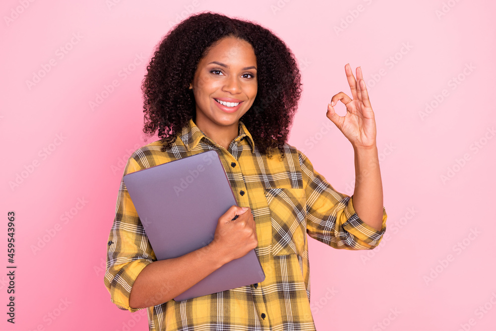 Photo of reliable lady hold laptop device show okey sign wear checkered shirt isolated pink color background