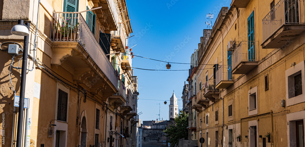 View of the historic center of Matera, Sassi. Basilicata. Italy. new city and basilica bell tower