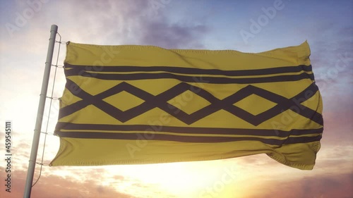 West Midland flag, England, waving in the wind, sky and sun background photo