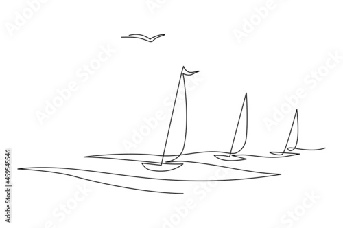 Sailing yacht regatta. Seagull in the sky. Draw one continuous line. Vector illustration. Isolated on white background