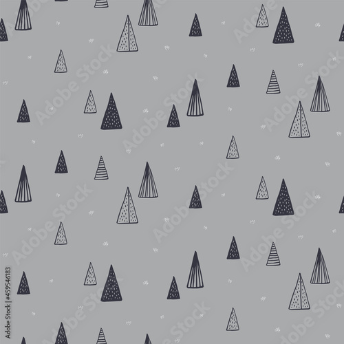 Spruce, fir trees, Scandinavian style minimal winter seamless pattern, black on gray background. Hand drawn vector illustration. Design concept for kids textile, fashion print, wallpaper, packaging.