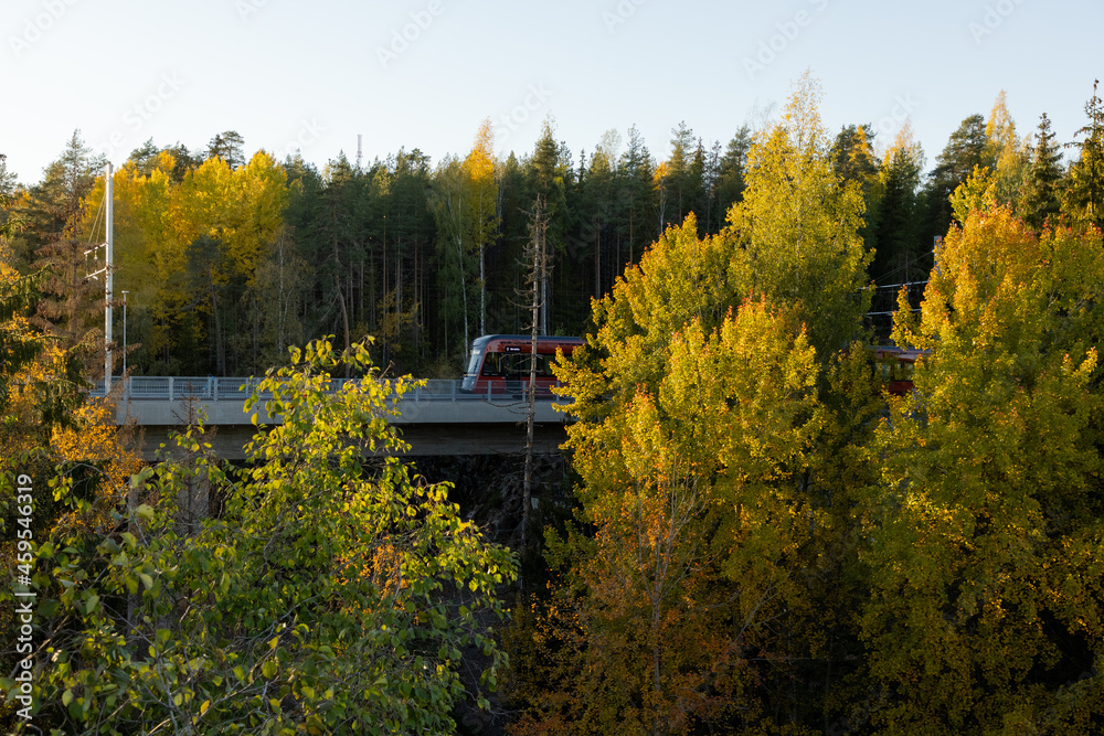 Tram over the bridge surrounded by the autumn colors Tram over the bridge surrounded by the autumn colors