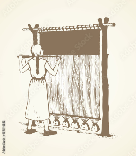 Vector illustration. Woman weaves in ancient loom