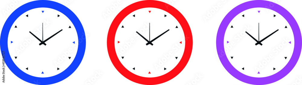 Vector icons of clocks in blue, red and pink colors, vector illustration. Vector icons of clocks in blue, red and pink colors, vector illustration.