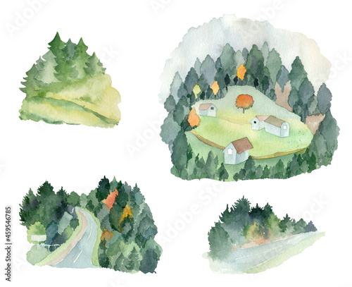 A set of watercolor forest landscapes