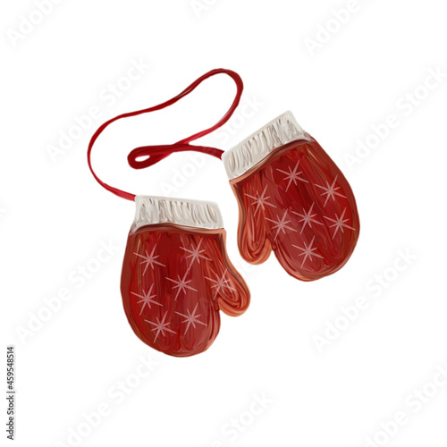 Warm red festive mitten with white snowflake decoration.Cozy seasonal accessory. Hand painted water color illustration on white background, cutout