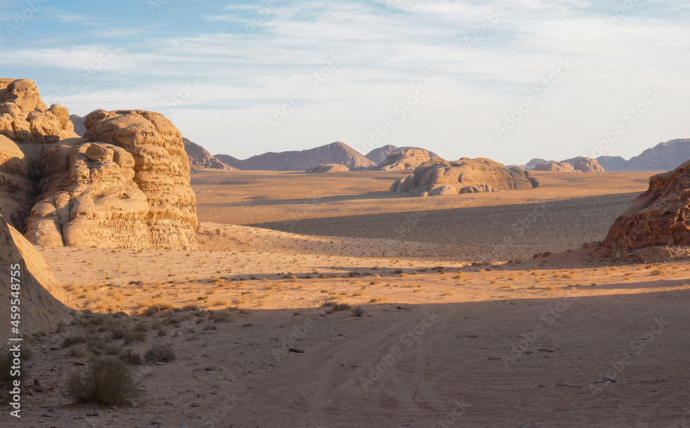 Wadi Rum desert with beautiful contrasting shadows, Jordan Wadi Rum desert with beautiful contrasting shadows, Jordan
