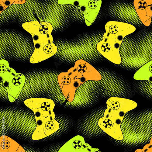 Game seamless grunge pattern with orange, green and yellow joysticks.
