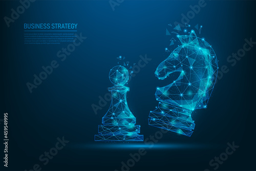 Chess business strategy low poly. Chess game concept. isolated on knight chess win over pawnblue dark background. consists of points, lines, and triangular shapes. vector illustration in fantastic.