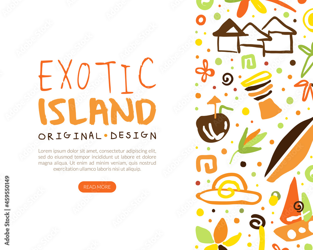 Trip to Exotic Island Original Hand Drawn Design for Summer Beach Tourism Vector Template
