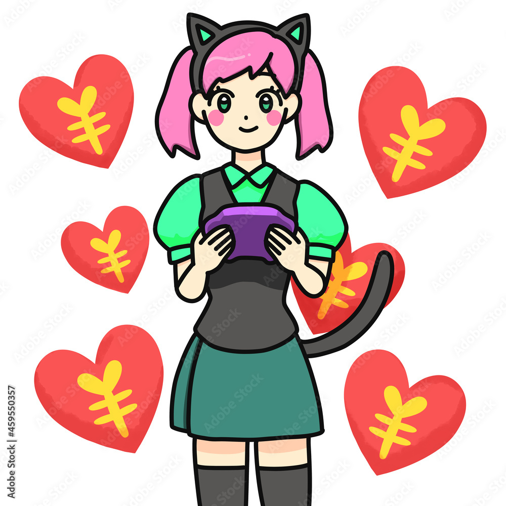 ゲームコントローラーを猫耳カチューシャの女性への愛ある投げ銭 Stock イラスト Adobe Stock
