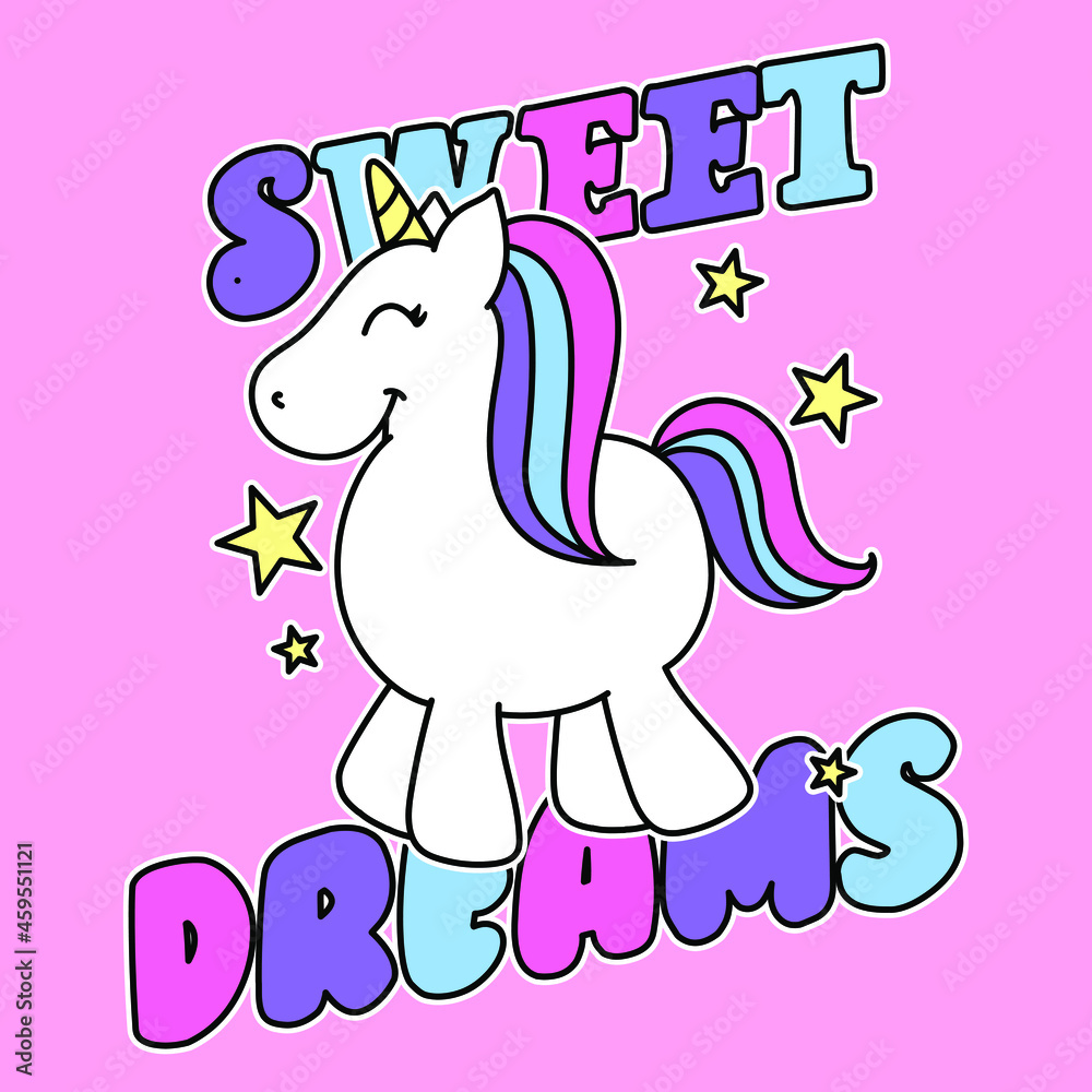 SWEET DREAM TYPOGRAPHY WITH A CUTE UNICORN, SLOGAN PRINT VECTOR