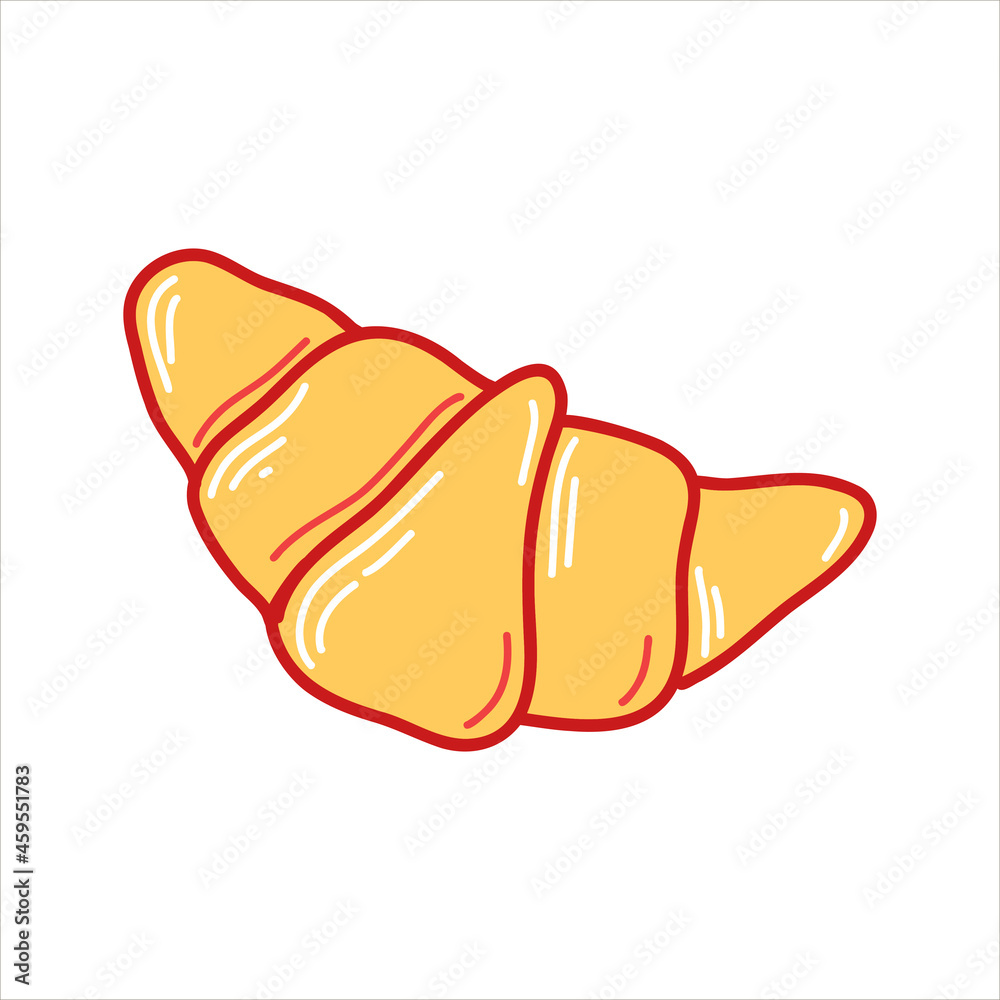 Obraz premium Vector illustration of a rich delicious croissant isolated element on a white background in a cartoon style. Illustration for cafes, postcards, shops, gifts, T-shirts.