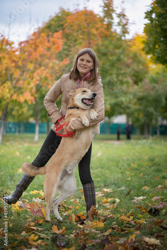 Young beautiful blonde girl is played with a dog in the park.