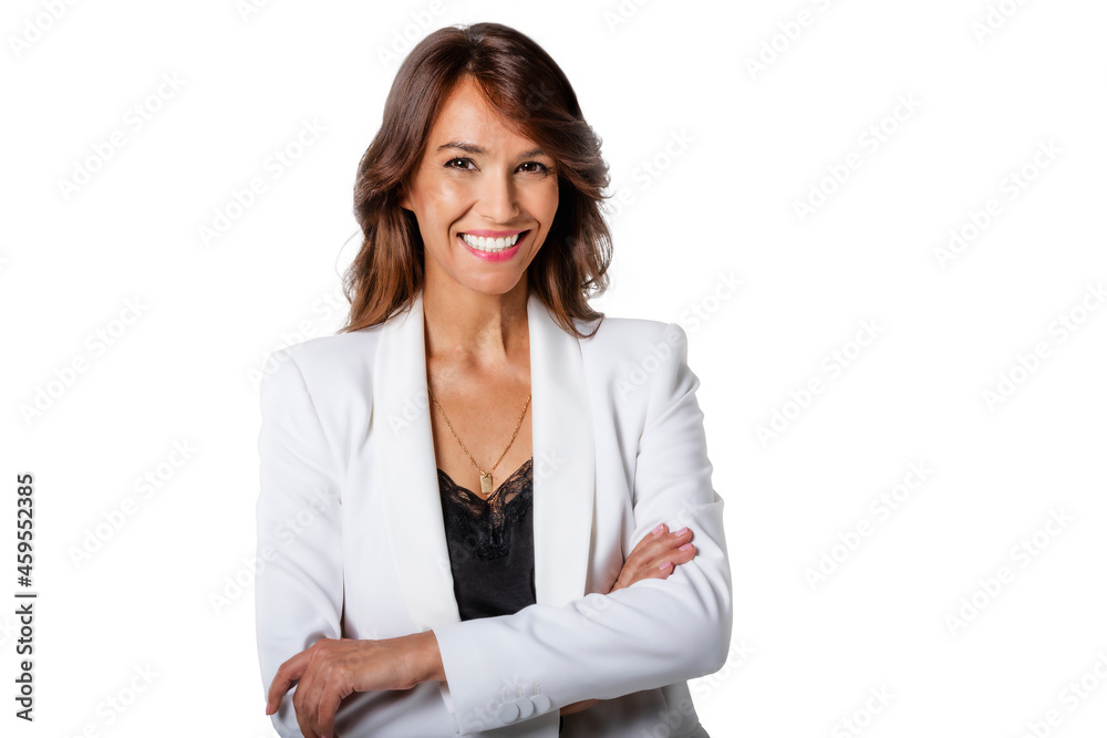Studio shot of attractive businesswoman wearing suit while looking at camera and smiling Studio shot of attractive businesswoman wearing suit while looking at camera and smiling