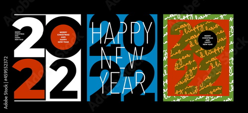 2022 Colorful set of Happy New Year posters. Abstract design with typography style. Vector logo 2022 for celebration and season decoration, backgrounds for branding, banner, cover, card and more.