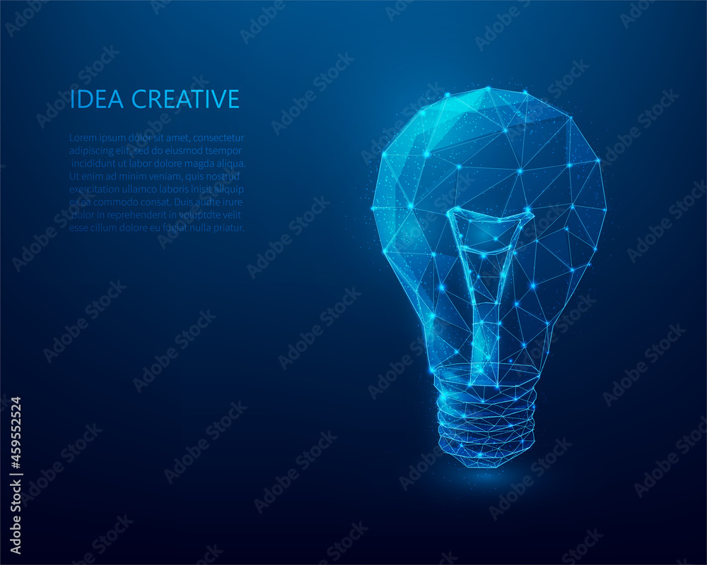 Innovation technology idea creative wireframe. idea light bulb wireframe light connection structure on blue dark background. business knowledge thinking  concept.  vector low poly style design.