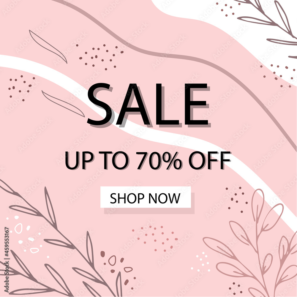Floral line arts and organic shape cover design template for social media stories, post, sale banner, poster, cover design. Pink color.  Up to 80 percent OFF.