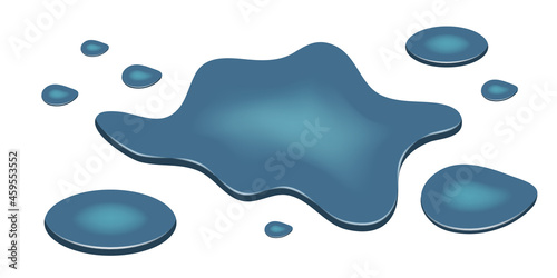 Water puddle, spill drip. Liquid water drops isolated, blue flowing splash, smooth amorphous blobs. Flat cartoon design on white background. Vector illustration.