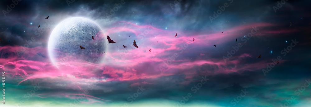 Moon In Spooky Night - Halloween Background With Clouds And Bats - obrazy, fototapety, plakaty 