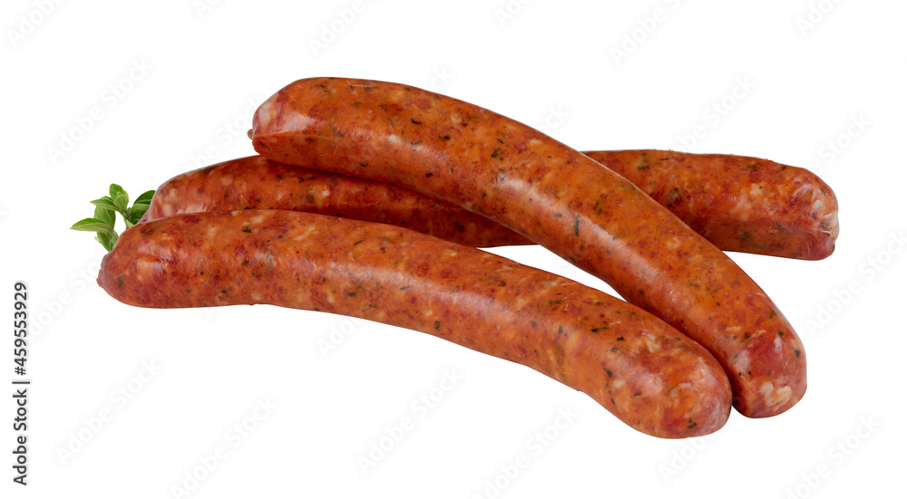 Fresh raw sausages isolated on white background with cut out have clipping path
