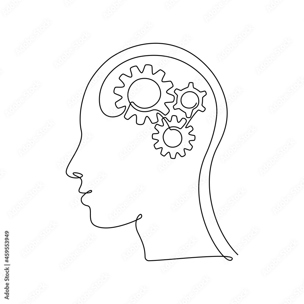 Human Head With Gears Inside In Continuous One Line Drawing Concept Of