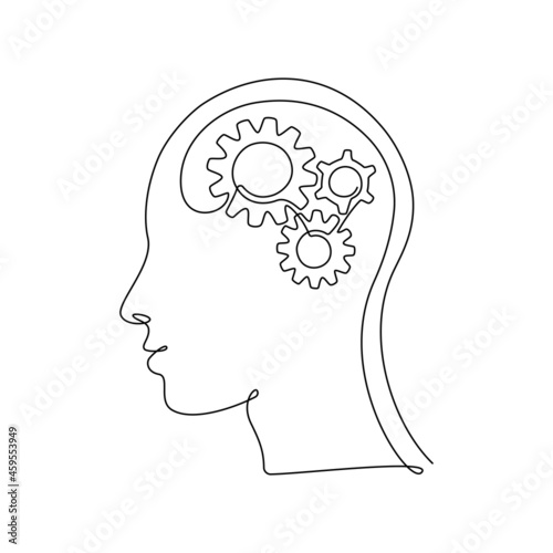 Human head with gears inside in Continuous one line drawing. Concept of creative brain process and Technology progress. Cogwheels in human body in thin linear style. Doodle Vector illustration