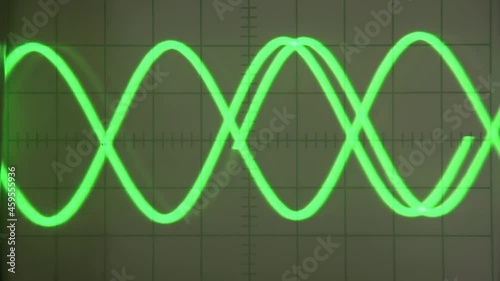 Repetitive Sine Wave on Old Screen. Loop. An old analog oscilloscope screen displays waveforms with a green beam. Great for replacing images on monitors and simulating displays of scientific instrumen photo