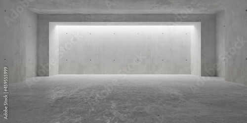 Abstract empty, modern concrete room with indirect lighting from back side wall, shifted recess element and rough floor - industrial interior background template