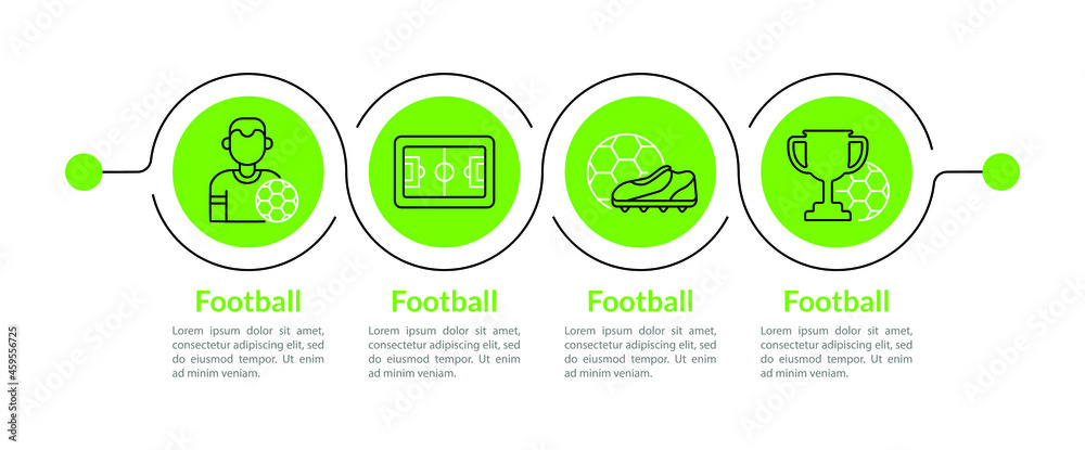 Soccer presentation design elements. Football vector infographic template. Data visualization with four steps. Workflow layout with linear icons