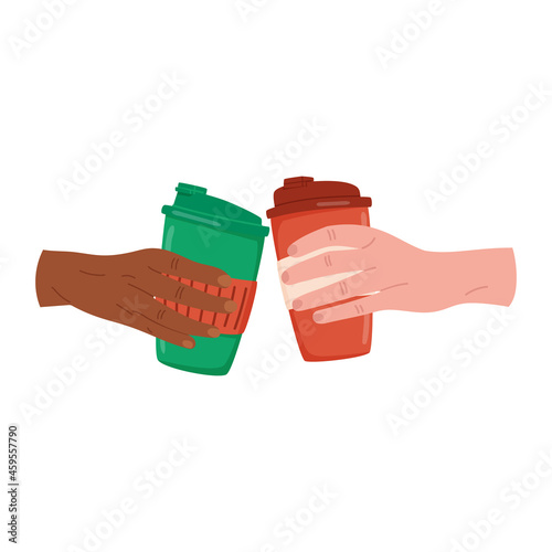 Hands hold to go mug, hand drawn flat illustration isolated on white background. Reusable paper cup with hot winter drink, mulled wine or grog. Concept of Christmas market.