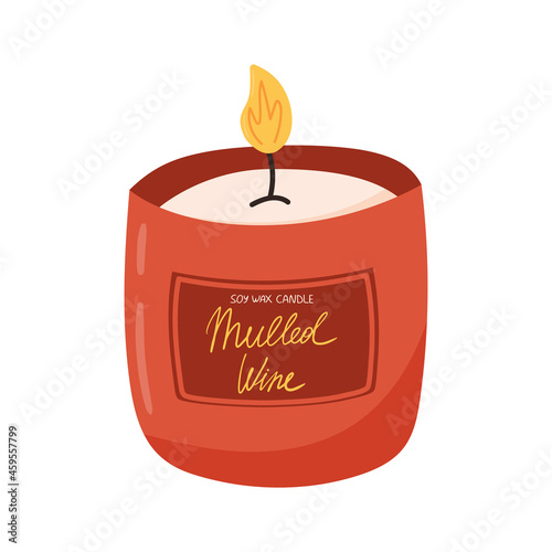 Scented candle in jar, flat vector illustration isolated on white background. Hand drawn candle with mulled wine smell for Christmas.