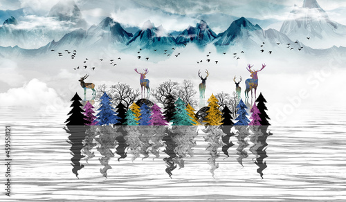 3d modern art mural wallpaper landscape with dark blue Jungle , forest  gray background . colored christmas tree with reflection in water , mountain , with black birds. for use as a frame on walls .
