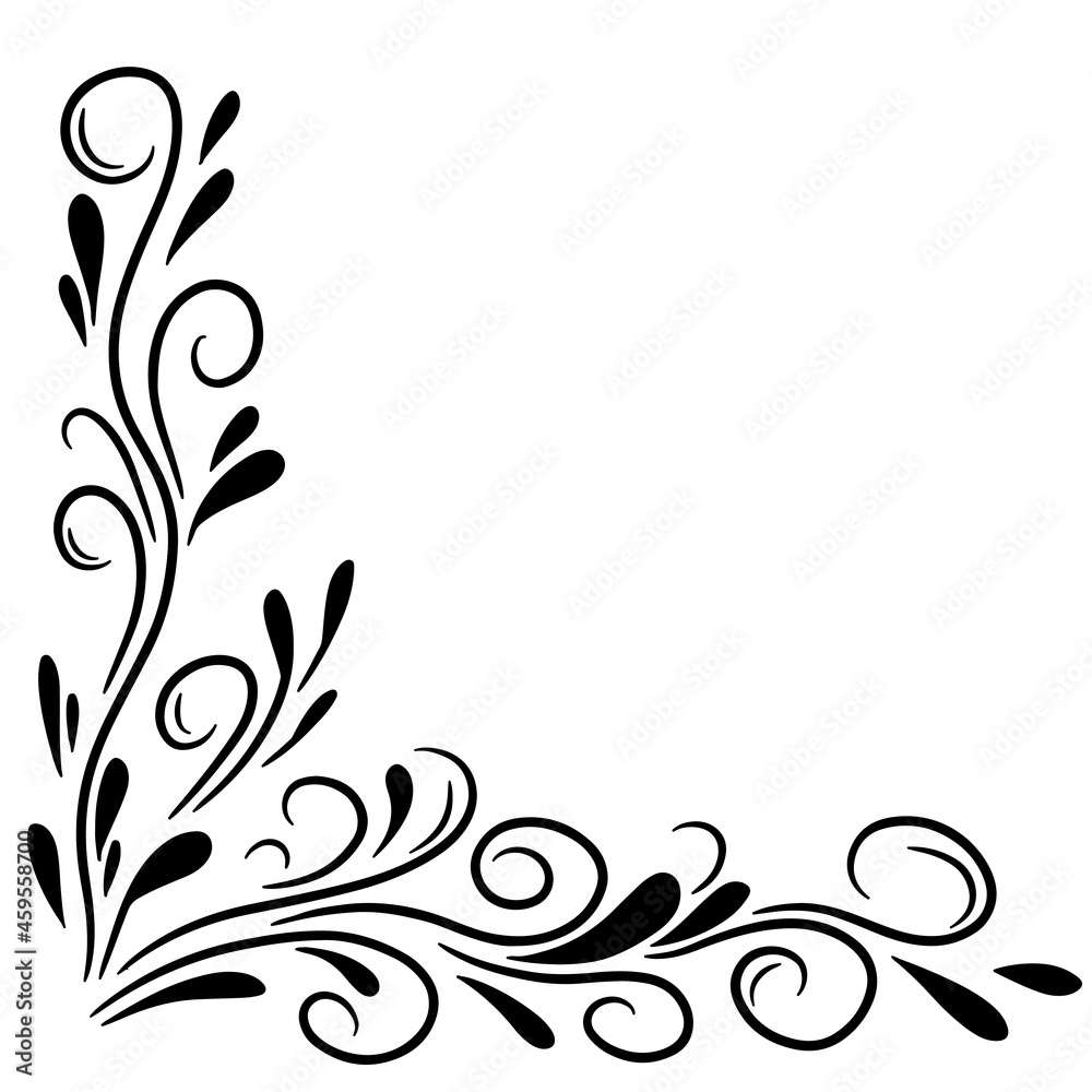 Decorative corner floral ornament. Hand drawn vector illustration, isolated on a white background.	