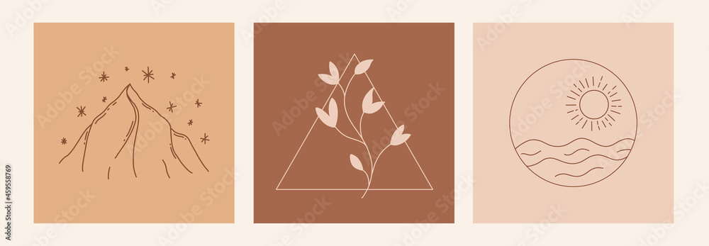 Fototapeta premium Boho mystic doodle esoteric set. Magic line art poster with sun,sea, mountain, leaf and stars.