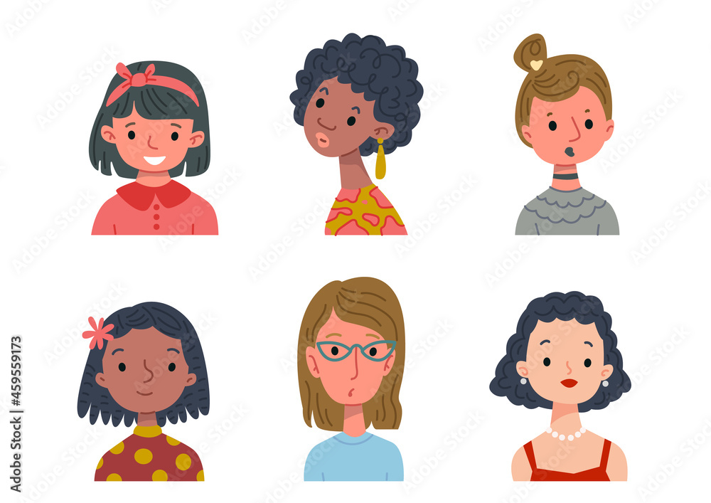 Set of cartoon women of different nationalities and ages. Portrait of a funny character in a stylized cute style. Vector illustration of people, European, Asian, black