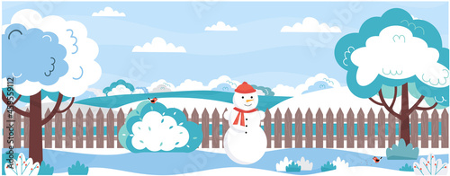 Banner with garden landscape at winter time. Trees, bushes, lawn under snow. Backyard of the house with snowman, fence, birds at winter. Countryside landscape. Vector illustration in flat style.